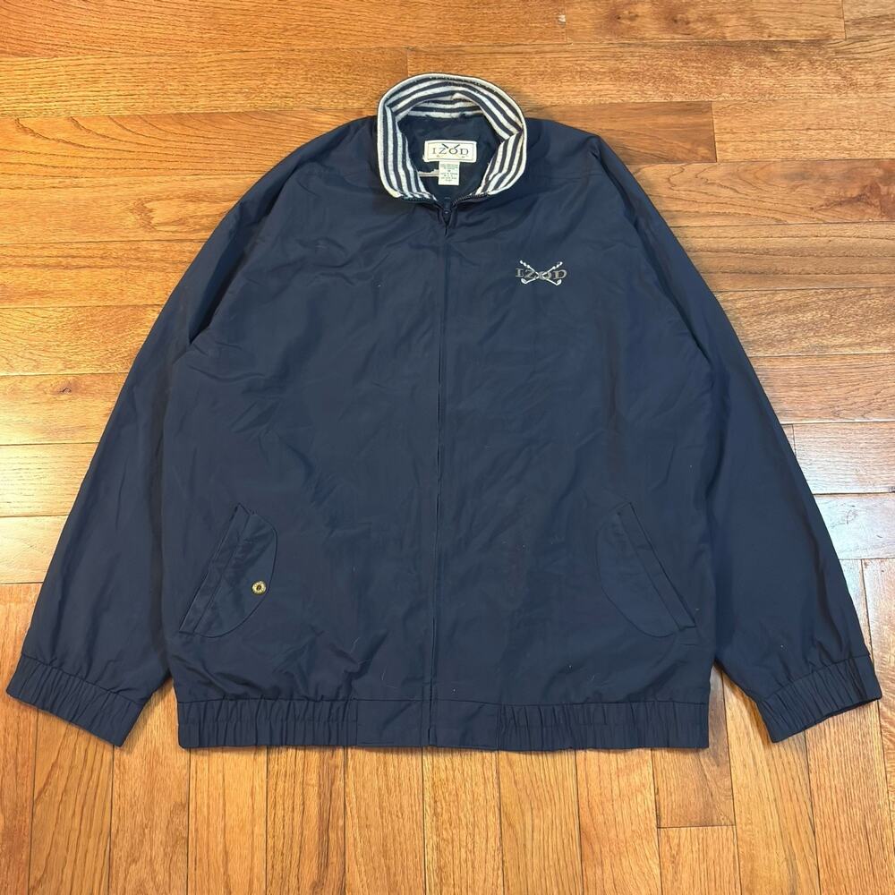 VTG IZOD Men's Navy Nylon Full Zip Windbreaker Jacket Embroidered Logo Golf M